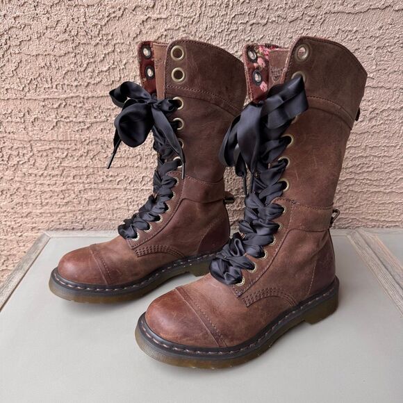 Dr. Martens Shoes - Dr. Martens Triumph Boots Womens Sz 8 Brown Pink Floral Foldover Tall Combat